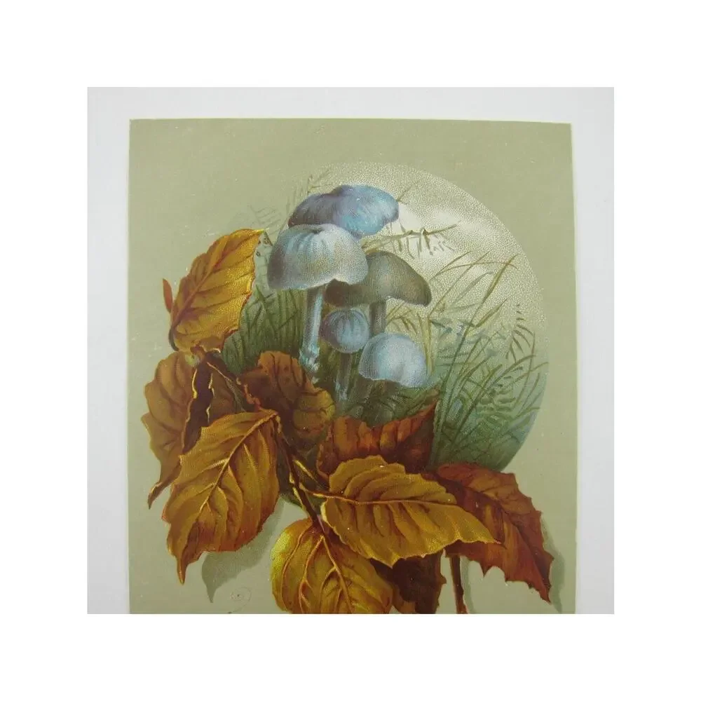 Victorian Greeting Card New Years Blue Mushrooms & Winter Leaves Grass Antique